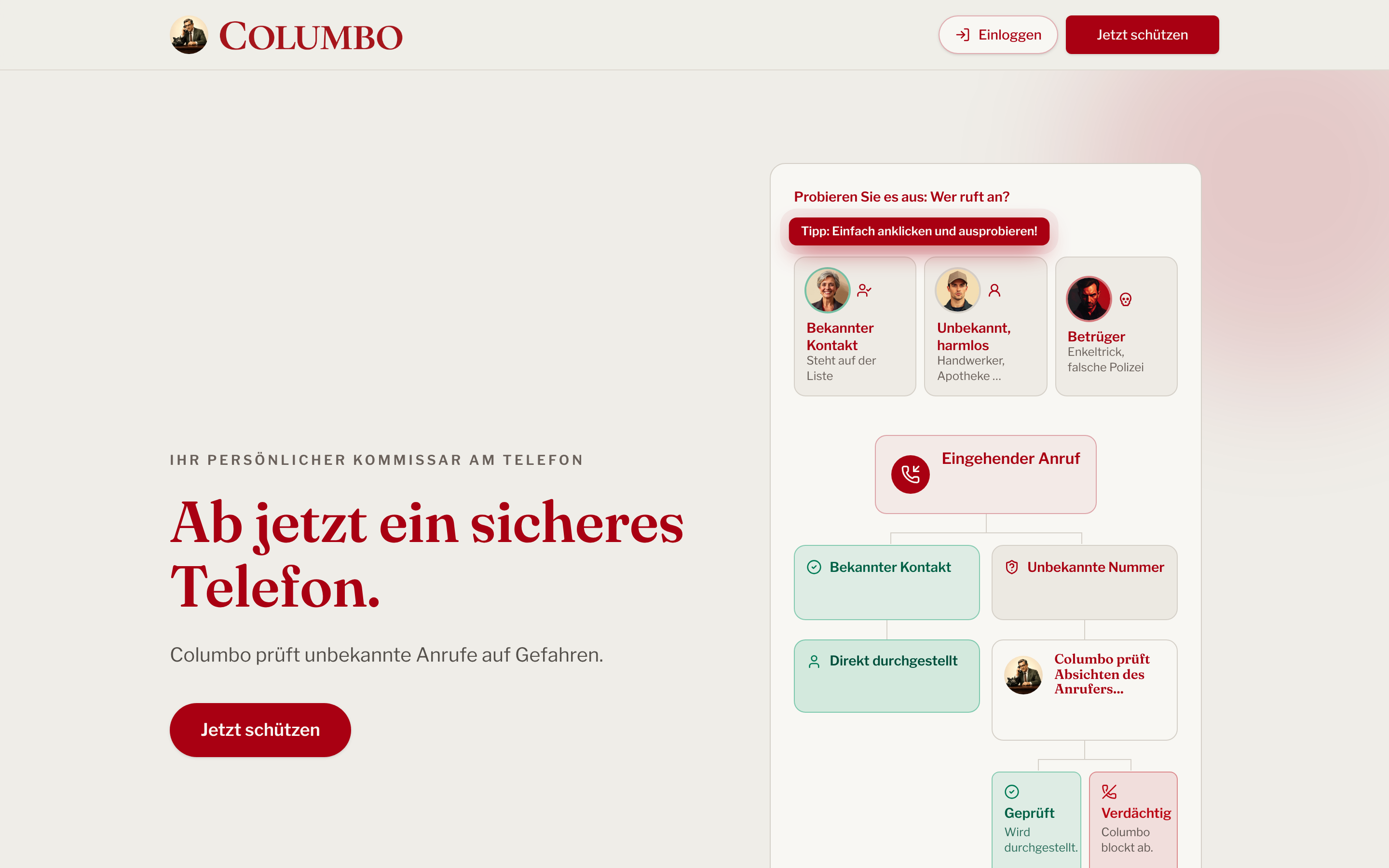 Startseite von Columbo mit dem Ablauf der Anrufprüfung